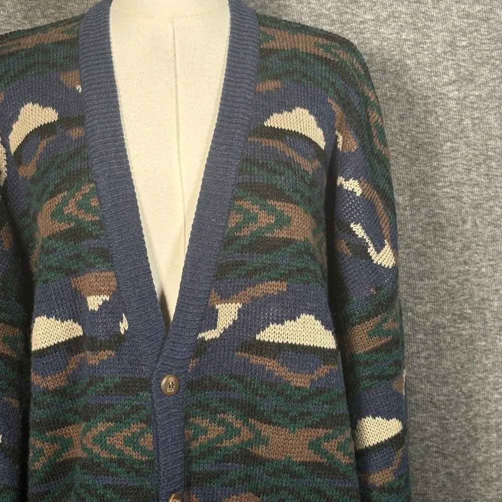 Claybrooke Men's XL Knit Cardigan Sweater Blue Green Abstract Button Front